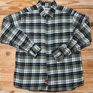 Mountain Khakis button front Flannel shirt, men’s Large, Green Black